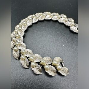 Fabulous Crown Trifari Vintage Silver Tone Leaf & Faux Pearl Bracelet